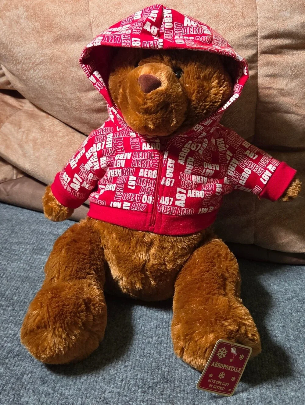 Aeropostale Brown Plush Bear with Red Hoodie Plush Toy